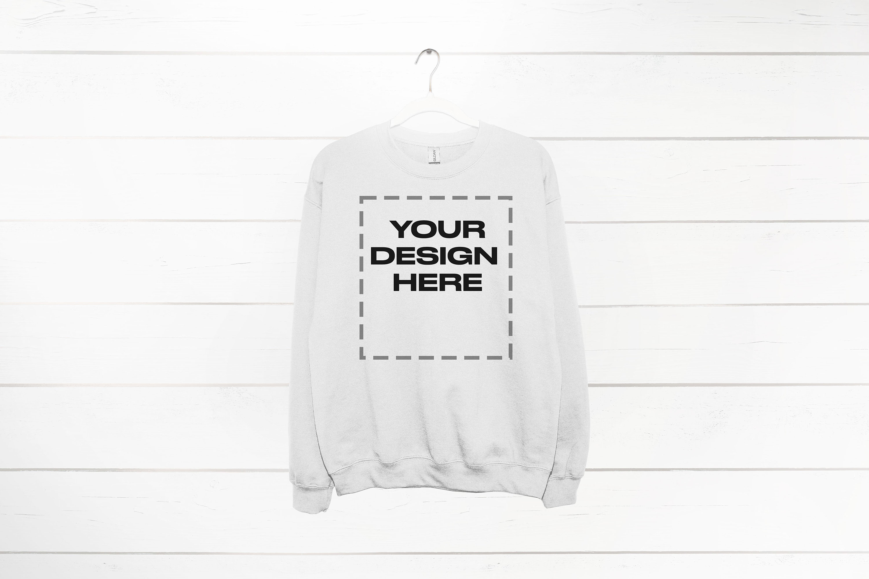 White Sweatshirt mockup on Hanger Gildan 18000 mock Download