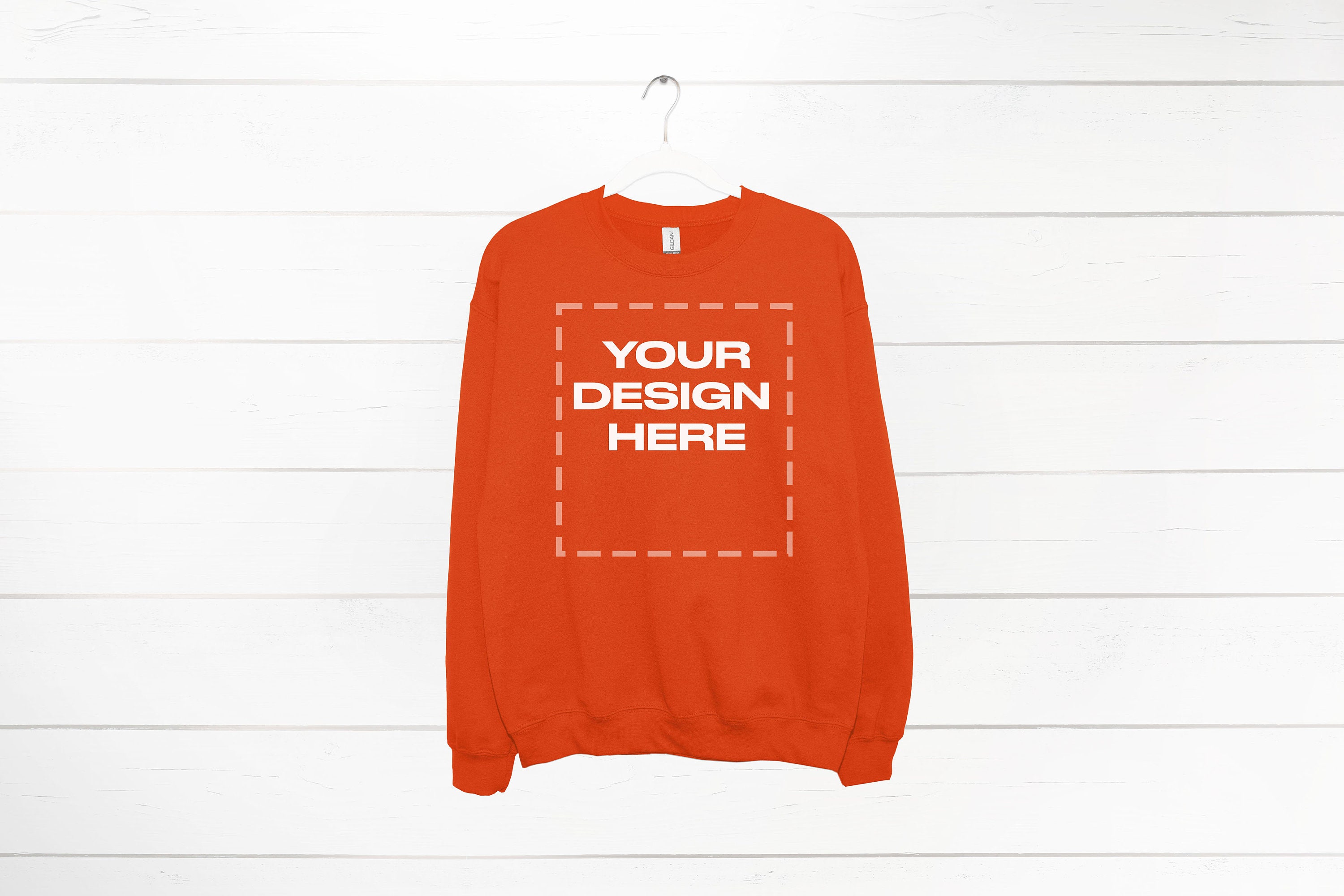 Orange Sweatshirt mockup on Hanger Gildan 18000 mock Download