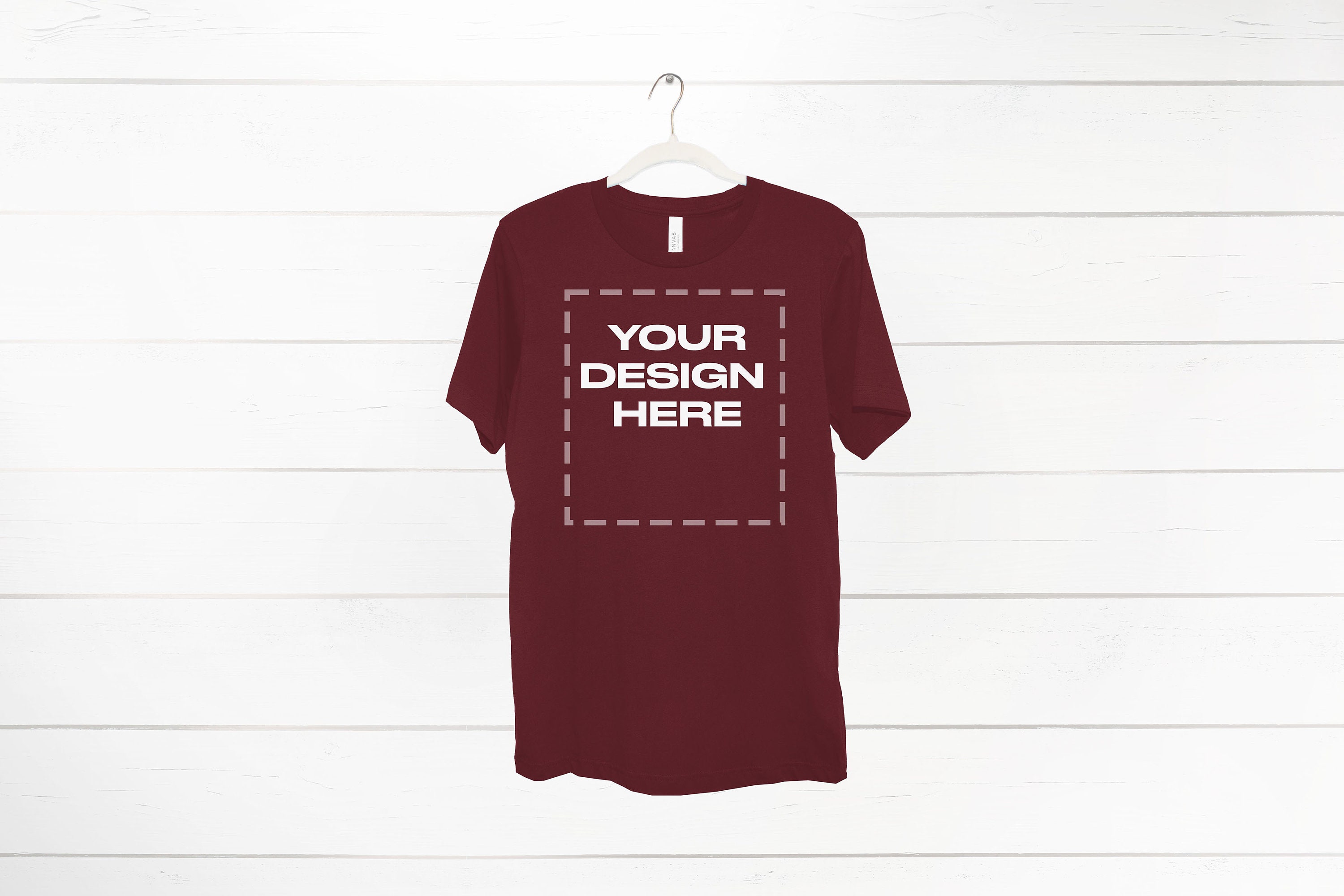 Maroon shirt Mockup on hanger Bella 3001 Mock Download